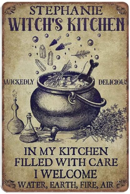 8x12 inch Kitchen Witch Tin Signs, Witches Magic Knowledge Blessing Incense Artwork, Retro Funny Metal Sign Vintage Wall Art for Kitchen Garden Bathroom