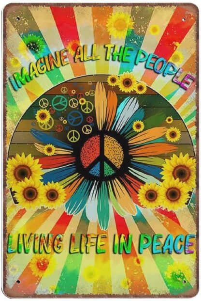 8x12 inch Imagine All The People Living Life in Peace Sunflower Tin Signs, Peace Sign Hippie Funny Metal Sign Vintage Wall Art for Kitchen Garden Bathroom