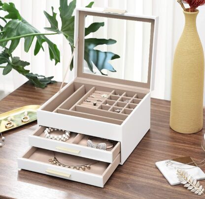 White Jewelry Box with Glass Lid, 3-Layer Jewelry Organizer with 2 Drawers, for Loved Ones