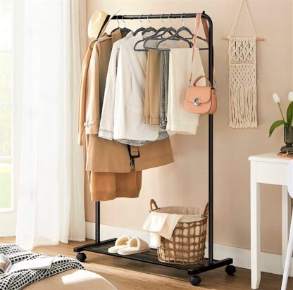 Black Clothes Rack with Wheels, Garment Rack, with Dense Mesh Shelf, 2 Brakes, Sturdy Steel Frame