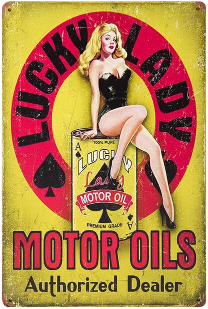 8x12 inch Lucky Lady Motor Oil Gas Service Garage Dealer Pin up Girl Retro Vintage Decor Tin Sign