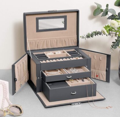 Gray Jewelry Box, Jewelry Organizer Case with 2 Drawers, Lockable with Mirror, Portable Travel Case, for Rings, Bracelets, Earrings, Necklaces