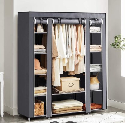 Grey 59-Inch Portable Closet Wardrobe, Closet Storage Organizer with Shelves and Cover for Hanging Clothes, Non-Woven Fabric