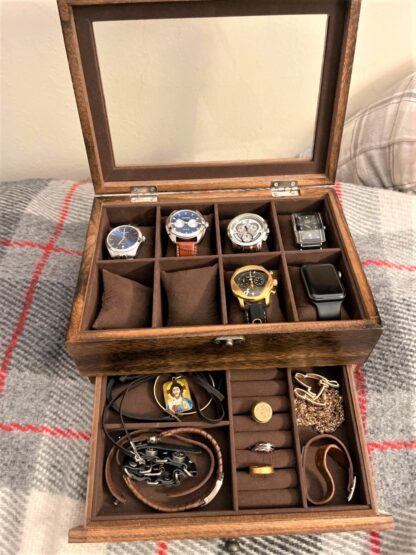 8-Slot Rustic Walnut Solid Wood Watch Box, Watch Case with Pillows, Glass Lid, for Men