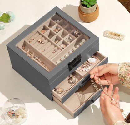 Gray Jewelry Box with Glass Lid, 3-Layer Jewelry Organizer with 2 Drawers, Gift for Loved Ones