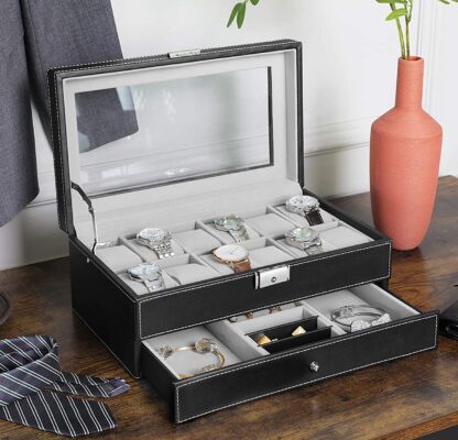 Black + Gray 12-Slot Watch Box, Watch Organizer, Lockable Jewelry Display Case with Real Glass Top, Black Synthetic Leather, Gray Lining