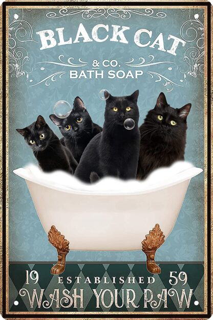 8x12 inch Funny Black Cat Decor Vintage Bathroom and Bathtub Metal Tin Sign Decor Black Cat lovers Gift Farm Home Bar Bathroom Retro Wall Art Poster Sign