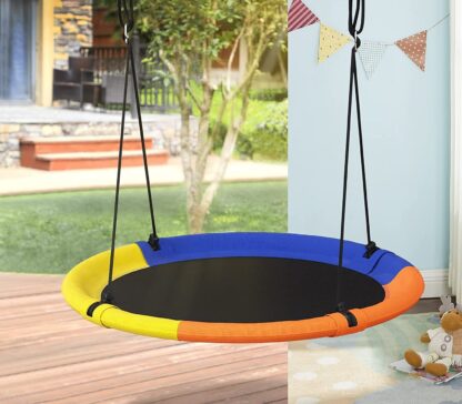 Blue + Orange + Yellow + Black Saucer Tree Swing 40 Inch 700 lb Load Textilene Fabric Includes Hanging Kit for Kids Outdoor Indoor Heavy Duty Safe Durable Easy Install