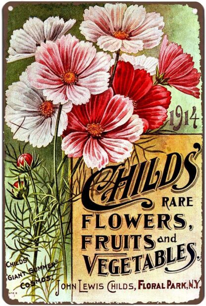 8x12 inch Childs Cosmos Reproduction Vintage Seed Packet Metal Sign Flower Painting Vintage Tin Sign Country Home Decor for Home, Living Room, Kitchen