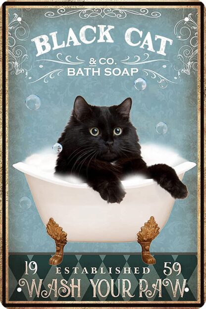 8x12 inch Black Cat Decor Funny Bathroom Decor Vintage Metal Tin Sign - Wash Your Paw - Retro Home Room Bar Farm Garage Wall Art Poster Gift