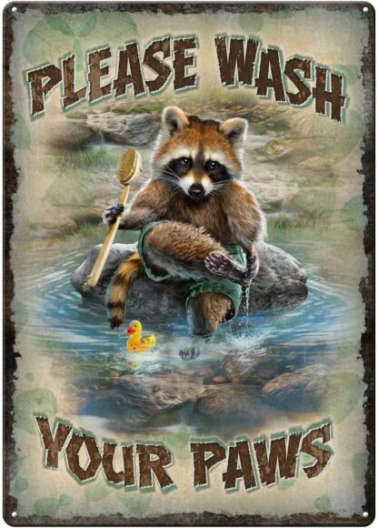 8x12 inch River's Edge Please Wash Your Paws Raccoon Poster Retro Painting Tin Sign for Street Garage Family Cafe Bar People Cave Bathroom Wall Decoration