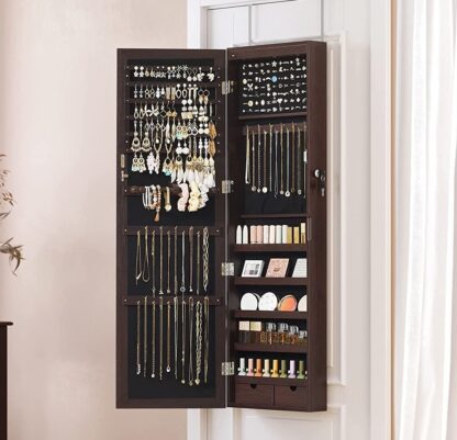 Brown 6 LEDs Mirror Jewelry Cabinet Lockable 47.2" H Wall/Door Mounted Jewelry Armoire Organizer, 2 Drawers