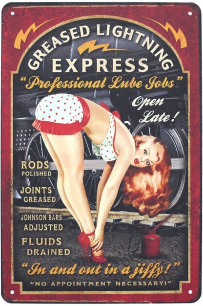 8" x 12" Grease Pin Up Girl Metal Tin Sign, Vintage Art Poster Plaque Garage Gas Home Wall Decor