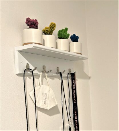 White Entryway Hanging Coat Rack, Wall-Mounted Wooden Shelf, with 4 Double Hooks, Wall Floating Shelf