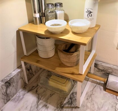 Set of 2 White + Natural Cabinet Shelf Organizers, Kitchen Counter Shelves, Stackable, Expandable, Metal and Bamboo