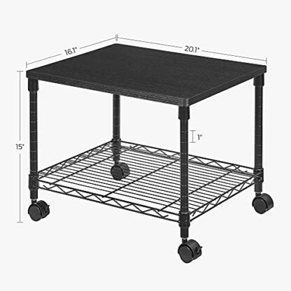 Black Printer Stand, 2-Tier Under-Desk Printer Cart on Wheels, Printer Table with Storage Shelf, Metal Frame, 20.1 x 16.1 x 15 Inches - Image 2