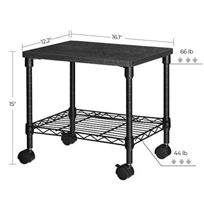 Black Printer Stand, 2-Tier Under-Desk Printer Cart on Wheels, Printer Table with Storage Shelf, Metal Frame, 16.1 x 12.2 x 15 Inches - Image 4