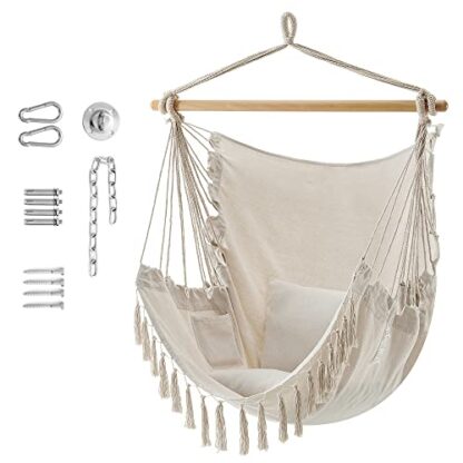 Beige Hammock Chair, Hanging Chair, Max. Load 330 Lb, Swing Chair with 2 Cushions and Mounting Kit, Large Macrame Hanging Chair with Pocket - Image 8