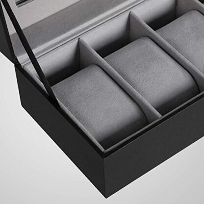 6-Slot Black+grey Watch Box, Glass Topped Watch Display Storage Case as Gift, with Velvet Lining, Cushions, for Men - Image 7