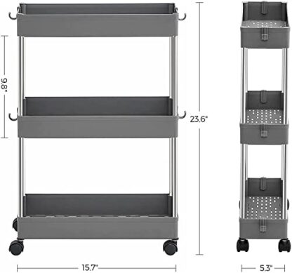 3-Tier Gray Rolling Cart, Storage Cart with Wheels, Space-Saving Rolling Storage Cart, for Bathroom, Kitchen, Living Room, Office - Image 5