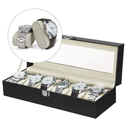 6-Slot Black+beige Watch Box, Glass Topped Watch Display Storage Case as Gift, with Velvet Lining, for Men, 11.8”L x 4.4”W x 3.2”H - Image 7