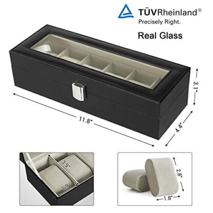 6-Slot Black+beige Watch Box, Glass Topped Watch Display Storage Case as Gift, with Velvet Lining, for Men, 11.8”L x 4.4”W x 3.2”H - Image 4