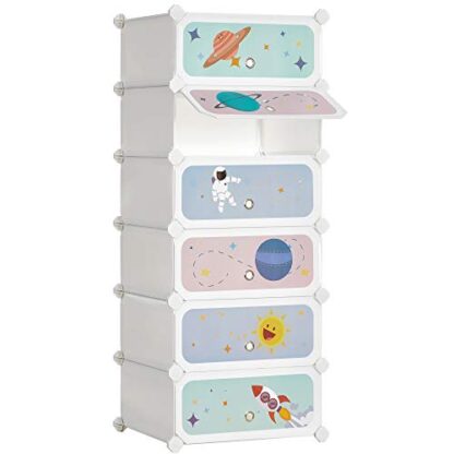 White Kids' Shoe Rack with Doors, 6-Slot Stackable Storage Organizer, Plastic Wardrobe, Toys, Books, Clothes, 16.9 x 12.2 x 41.3 Inches - Image 10