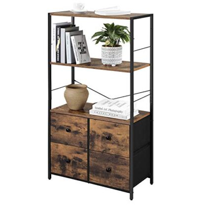 Rustic Brown + Black Storage Cabinet, Storage Rack with Shelves and Fabric Drawers, Industrial Bookshelf in Living Room, Study, Bedroom, Multifunctional - Image 2