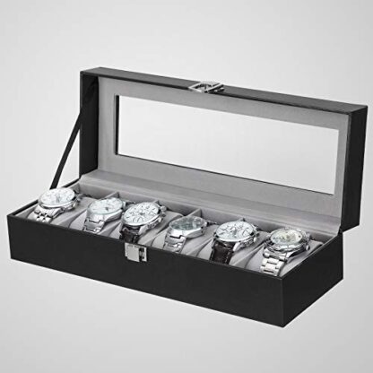 6-Slot Black+grey Watch Box, Glass Topped Watch Display Storage Case as Gift, with Velvet Lining, Cushions, for Men - Image 2