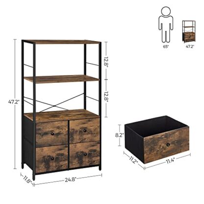 Rustic Brown + Black Storage Cabinet, Storage Rack with Shelves and Fabric Drawers, Industrial Bookshelf in Living Room, Study, Bedroom, Multifunctional - Image 5