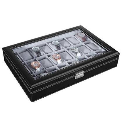 Black 24 Watch Box Large Watch Case Glass Top Black Display Organizer Faux Leather - Image 2