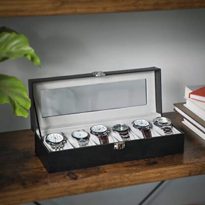 6-Slot Black+grey Watch Box, Glass Topped Watch Display Storage Case as Gift, with Velvet Lining, Cushions, for Men - Image 9