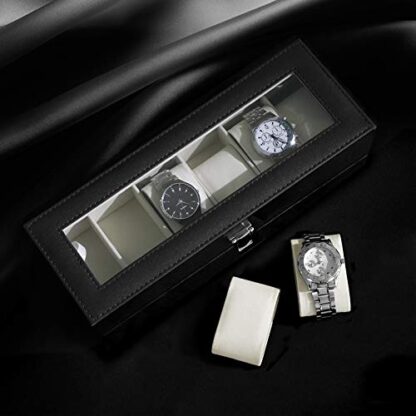 6-Slot Black+beige Watch Box, Glass Topped Watch Display Storage Case as Gift, with Velvet Lining, for Men, 11.8”L x 4.4”W x 3.2”H - Image 8