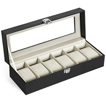 6-Slot Black+beige Watch Box, Glass Topped Watch Display Storage Case as Gift, with Velvet Lining, for Men, 11.8”L x 4.4”W x 3.2”H - Image 10