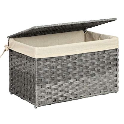 Gray Storage Basket with Lid, Rattan-Style Storage Trunk with Cotton Liner and Handles, for Bedroom Closet Laundry Room, 21.9 x 13.4 x 13.4 Inches - Image 8