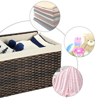 Brown Storage Basket with Lid, Rattan-Style Storage Trunk with Cotton Liner and Handles, for Bedroom Closet Laundry Room, 21.9 x 13.4 x 13.4 Inches - Image 2