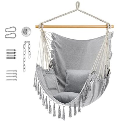 Grey Hammock Chair, Hanging Chair, Max. Load 330 Lb, Swing Chair with 2 Cushions and Mounting Kit, Large Macrame Hanging Chair with Pocket - Image 7