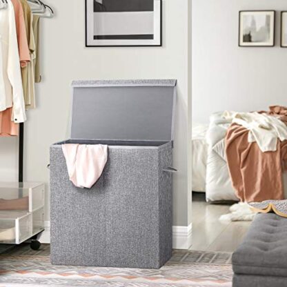 Gray Double Laundry Hamper with Lid, Divided Laundry Basket with Liner Bag, Linenette Fabric Clothes Hamper with Handles, for Laundry Room, Bedroom - Image 8