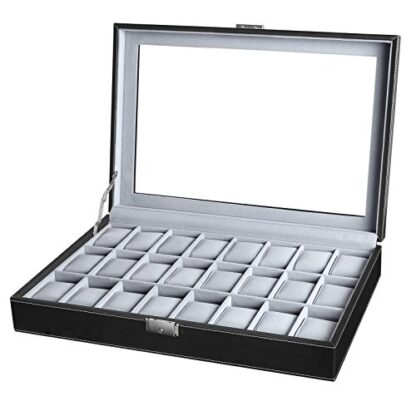 Black 24 Watch Box Large Watch Case Glass Top Black Display Organizer Faux Leather - Image 9