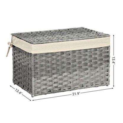 Gray Storage Basket with Lid, Rattan-Style Storage Trunk with Cotton Liner and Handles, for Bedroom Closet Laundry Room, 21.9 x 13.4 x 13.4 Inches - Image 5