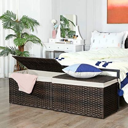 Brown Storage Basket with Lid, Rattan-Style Storage Trunk with Cotton Liner and Handles, for Bedroom Closet Laundry Room, 29.9 x 17.1 x 18.1 Inches - Image 8