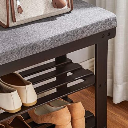 Brown Padded Shoe Bench, Shoe Storage Bench with Cushion and Shelves, for Boots in Hallway Entryway - Image 3