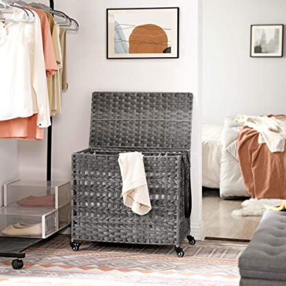 Gray Handwoven Laundry Hamper, Rattan-Style Laundry Basket with 3 Removable Bags, Handles, Laundry Sorter with Lid, for Living Room, Bathroom, Laundry - Image 2