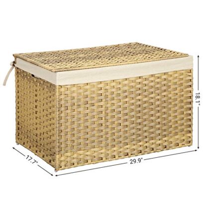 Natural Storage Basket with Lid, Rattan-Style Storage Trunk with Cotton Liner and Handles, for Bedroom Closet Laundry Room, 29.9 x 17.1 x 18.1 Inches - Image 4