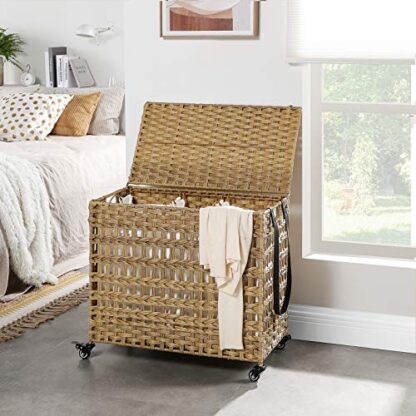 Natural Handwoven Laundry Hamper, Rattan-Style Laundry Basket with 3 Removable Bags, Handles, Laundry Sorter with Lid, for Living Room, Bathroom, Laundry - Image 7