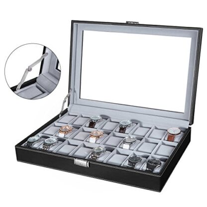 Black 24 Watch Box Large Watch Case Glass Top Black Display Organizer Faux Leather - Image 3