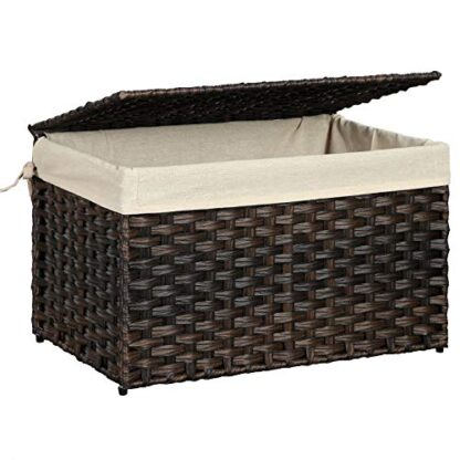 Brown Storage Basket with Lid, Rattan-Style Storage Trunk with Cotton Liner and Handles, for Bedroom Closet Laundry Room, 21.9 x 13.4 x 13.4 Inches - Image 8