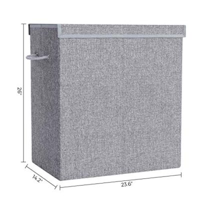 Gray Double Laundry Hamper with Lid, Divided Laundry Basket with Liner Bag, Linenette Fabric Clothes Hamper with Handles, for Laundry Room, Bedroom - Image 6