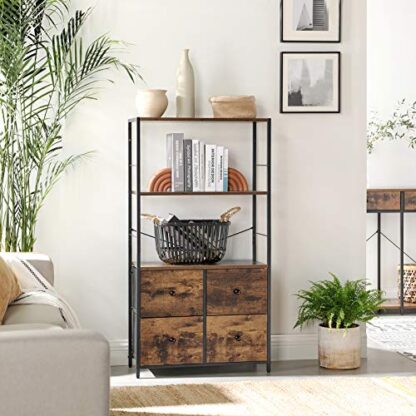 Rustic Brown + Black Storage Cabinet, Storage Rack with Shelves and Fabric Drawers, Industrial Bookshelf in Living Room, Study, Bedroom, Multifunctional - Image 7