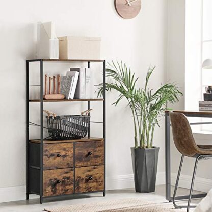 Rustic Brown + Black Storage Cabinet, Storage Rack with Shelves and Fabric Drawers, Industrial Bookshelf in Living Room, Study, Bedroom, Multifunctional - Image 6